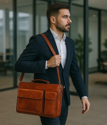 Compact Full-Grain Calfskin Leather Briefcase – Handmade Italian Laptop Bag with Shoulder Strap for Professionals and Executives