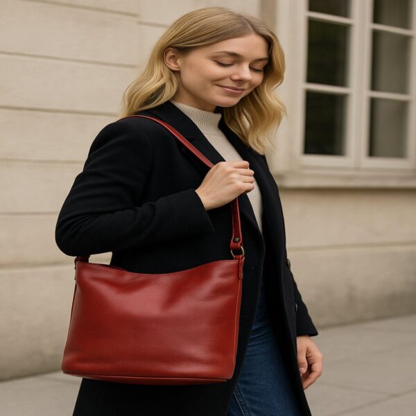 A blonde woman wearing a black coat carries a smooth red leather shoulder bag outdoors.