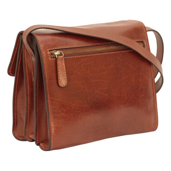 A back-angle view of a brown leather messenger bag, featuring a horizontal zippered pocket with a leather pull tab. The image displays the bag's accordion-style compartments and a matching leather shoulder strap.