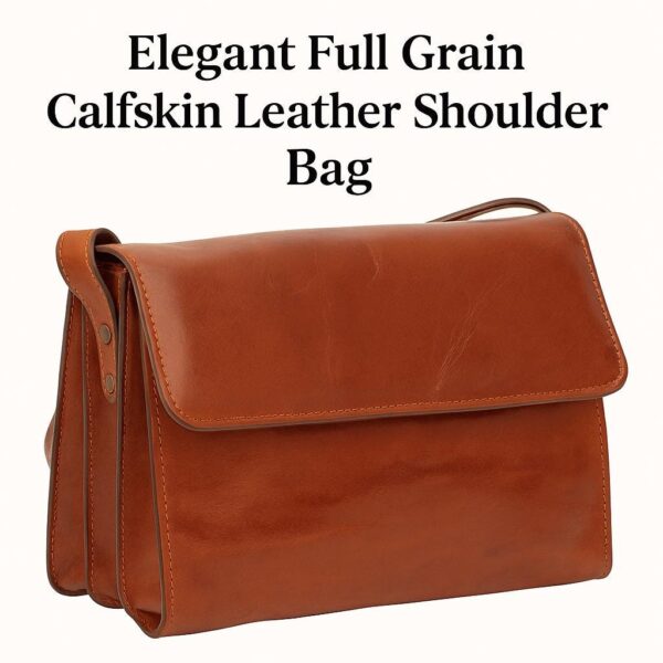An elegant, cognac-brown full-grain calfskin leather shoulder bag featuring a structured accordion-style design with multiple compartments and a large front fold-over flap.