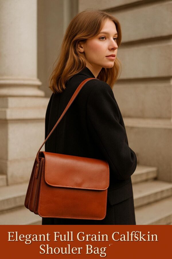 A woman wearing a black coat and carrying an elegant, cognac-brown full-grain calfskin leather shoulder bag with a structured, multi-compartment design.