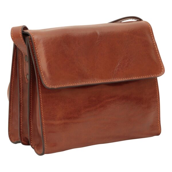 A front-angle view of a closed brown leather shoulder bag, showcasing its rectangular shape and structured accordion-style compartments. The bag features a large fold-over flap with tonal stitching and a matching leather strap.