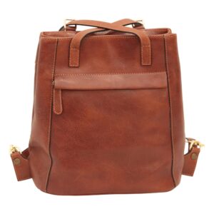A front-facing view of a cognac-brown leather handbag, featuring a horizontal zippered pocket with a leather pull tab, short top handles, and gold-toned metal hardware on the side attachments, set against a white background.