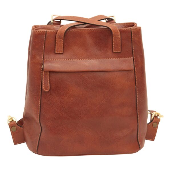 A front-facing view of a cognac-brown leather handbag, featuring a horizontal zippered pocket with a leather pull tab, short top handles, and gold-toned metal hardware on the side attachments, set against a white background.