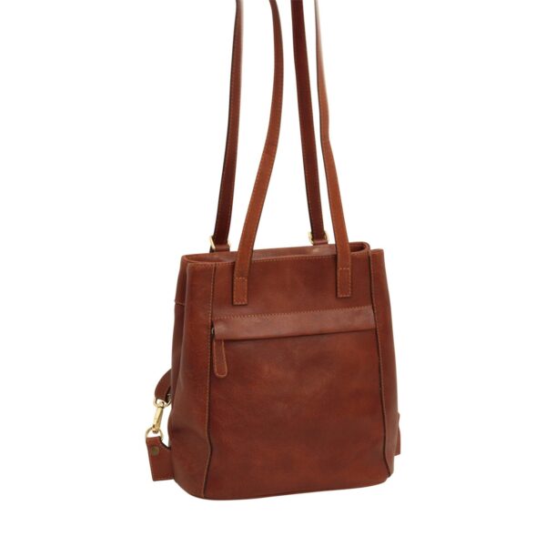 The front view of a cognac-brown leather shoulder bag, featuring a horizontal slip pocket with a small leather pull tab, long thin shoulder straps, and gold-toned metal hardware on a white background.
