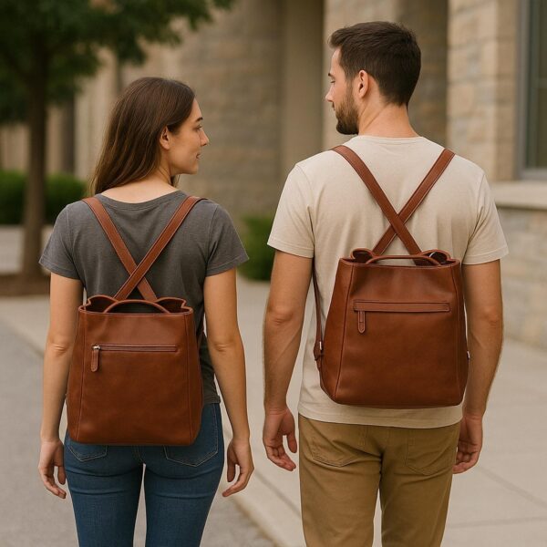 A lifestyle photo showing the back view of a man and a woman walking together outdoors, both wearing the cognac-brown convertible leather bag as a backpack. The image highlights the "X" strap configuration and the rear zippered pocket, showcasing the bag's versatility and unisex design.
