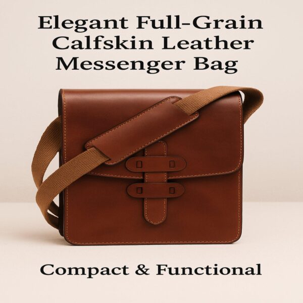 An infographic featuring a brown full-grain calfskin leather messenger bag with the text "Elegant Full-Grain Calfskin Leather Messenger Bag" at the top and "Compact & Functional" at the bottom. The bag has a front flap with a vertical strap closure and a canvas shoulder strap with a leather comfort pad.