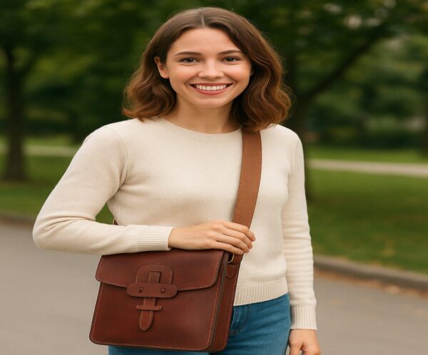 A smiling young woman wearing a cream-colored sweater and jeans, posing outdoors with a brown leather messenger bag worn across her shoulder. The bag features a distinctive front flap with a vertical strap closure.