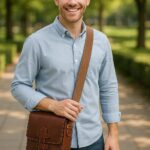 Elegant full-grain calfskin leather messenger bag with adjustable shoulder strap, interior and rear zip pockets for office, travel, and daily use