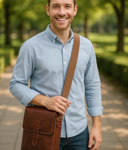 Elegant full-grain calfskin leather messenger bag with adjustable shoulder strap, interior and rear zip pockets for office, travel, and daily use