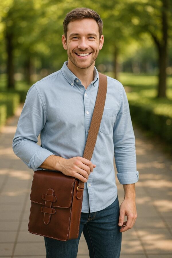 A smiling young man in a light blue button-down shirt and jeans, standing on a park path with a brown leather messenger bag worn crossbody. The bag features a vertical rectangular shape with a front flap and a distinctive strap closure.