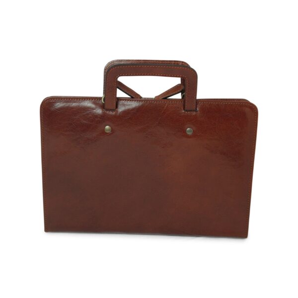 ront view of a closed brown leather laptop sleeve or document case, featuring a polished finish, two integrated rectangular leather handles, and two small brass rivets on the front panel.