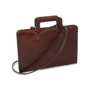 Front-angled view of a closed brown leather document case, showing two integrated rectangular handles, a detachable leather shoulder strap, and two brass rivets on the front.