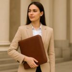 Sleek full-grain leather folder with A4 notepad and pen holders for professional business use