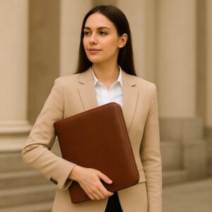 Sleek full-grain leather folder with A4 notepad and pen holders for professional business use