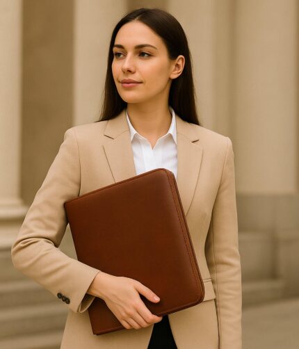 Sleek full-grain leather folder with A4 notepad and pen holders for professional business use