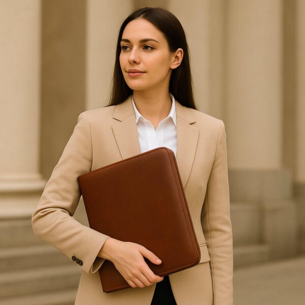 Sleek full-grain leather folder with A4 notepad and pen holders for professional business use
