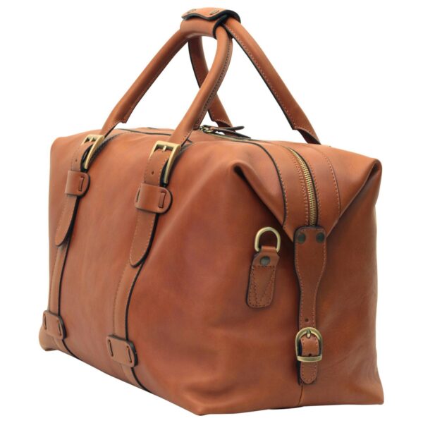 Side view of Brown Leather Weekender Duffel Bag - Large Capacity Travel Carry-on - Amaz1a Premium Calfskin