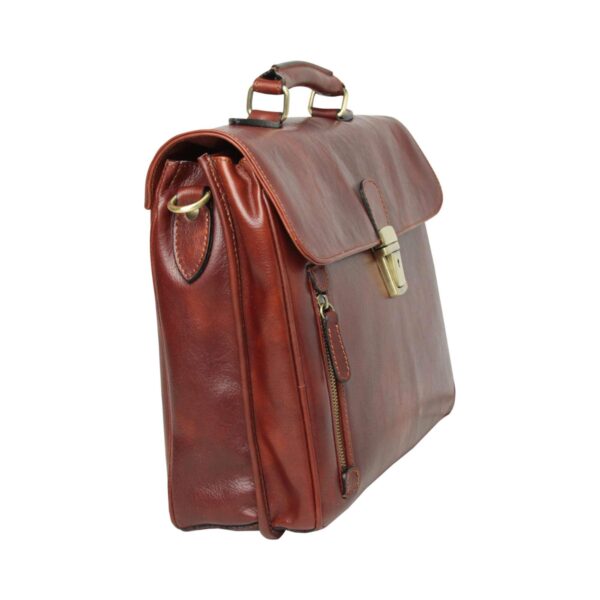 Side view of tan brown leather briefcase with brass lock, top handle, and vertical zipper pocket