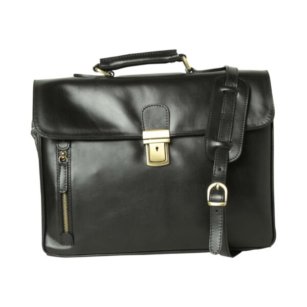 Front view of black leather briefcase with shoulder strap, brass lock, and vertical zipper pocket