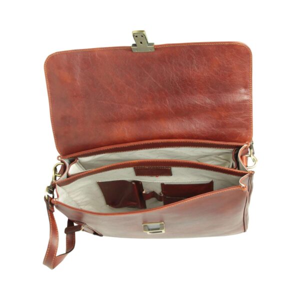Interior view of an open tan brown leather briefcase showing multiple compartments and pockets