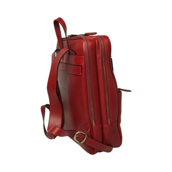 Side view of red leather backpack with multiple zippered compartments and adjustable shoulder straps