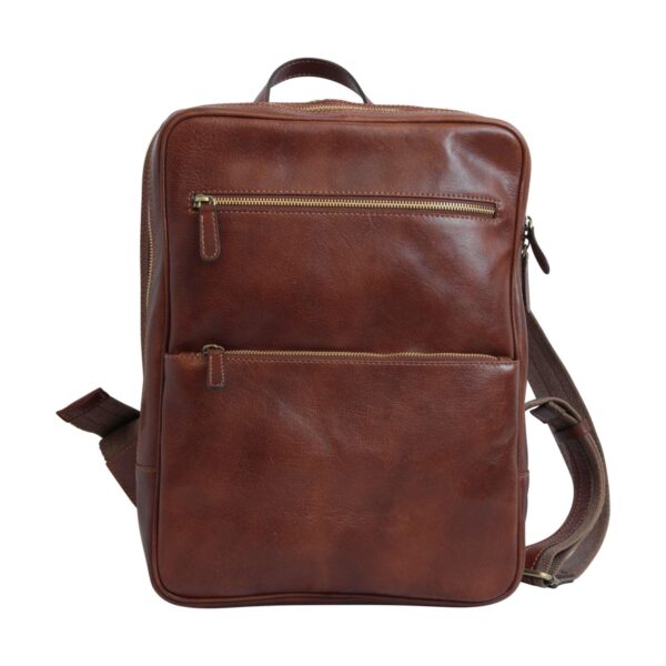 Front view of brown leather backpack with two zippered front pockets and adjustable shoulder straps