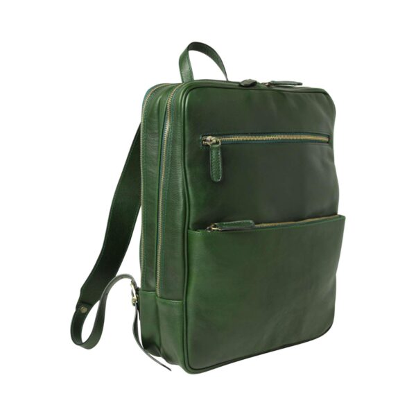 Side view of green leather backpack with multiple zippered compartments and top carry handle
