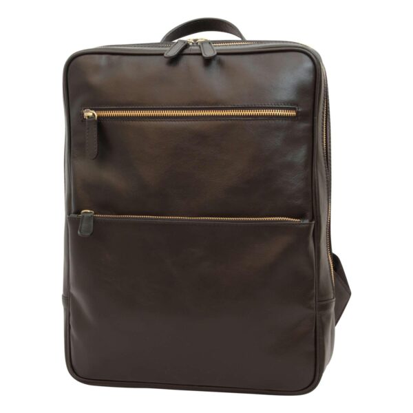 Front view of green leather backpack with two zippered front pockets and slim profile
