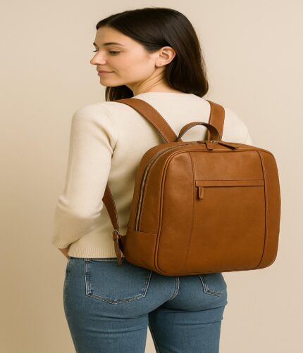 Luxury soft full-grain leather laptop backpack in brown – handmade Italian calfskin satchel for business and travel.