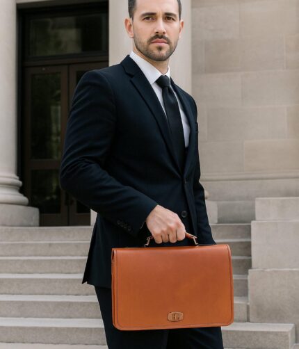 Luxury Full Grain Leather Briefcase – Executive laptop bag with two main compartments and front zip pocket